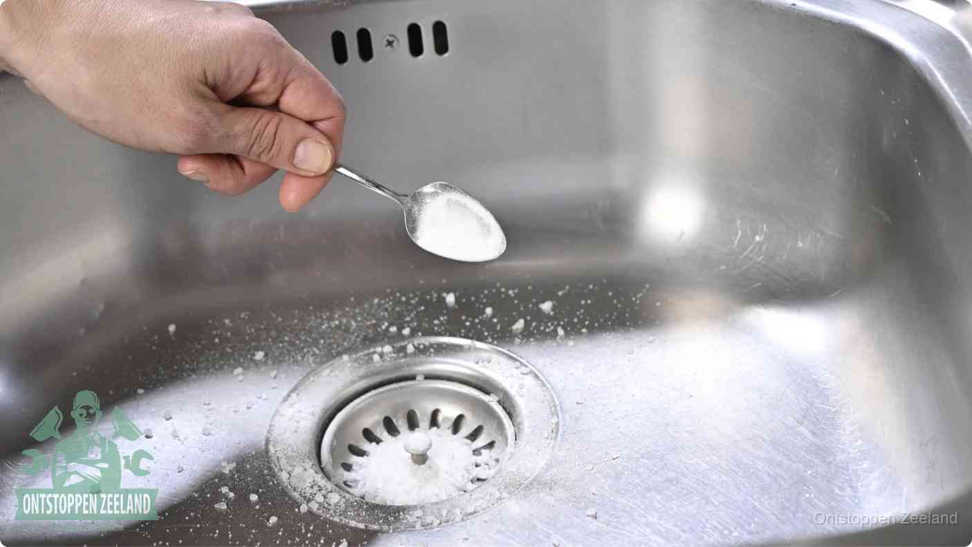 Een hand strooit met een lepel soda in de afvoer van een roestvrijstalen spoelbak, de soda en azijn huismiddel-methode om de afvoer te ontstoppen in Zeeland