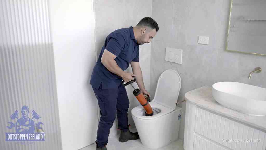 Een monteur buigt over een wandcloset en duwt met de hand een persluchtontstopper in de toiletpot om de verstopping handmatig los te maken in Zeeland