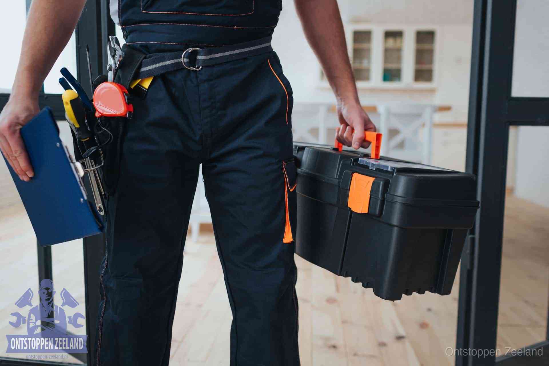 Een monteur met gereedschapsriem en klembord in een keuken, klaar om een transparante prijs voor het gootsteen ontstoppen in Zeeland te geven