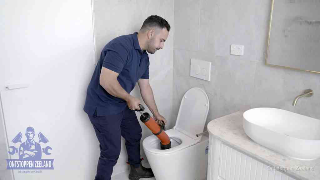 Een monteur gebruikt een handmatige perspomp (toiletontstopper) op een wandcloset tijdens het professioneel wc ontstoppen in Zeeland