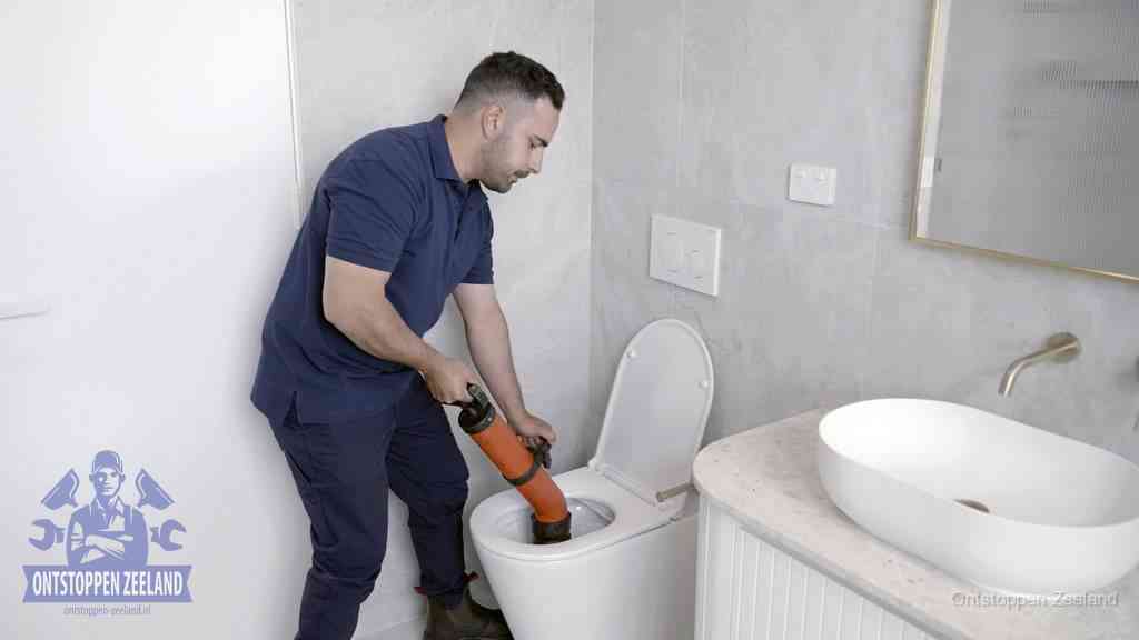 Een man gebruikt een handmatige luchtdruk-ontstopper in een modern betegeld toilet om zelf de wc te ontstoppen in Zeeland
